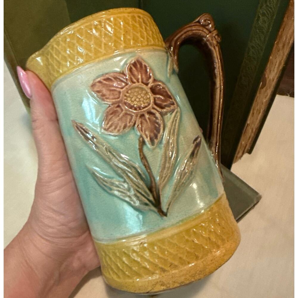 Antique English Majolica Pitcher • Relief Floral • Scroll Handle • c. 1890–1920 - Picture 9 of 14